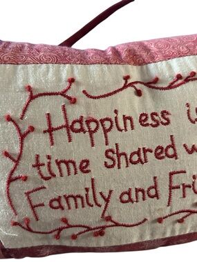 Embroidered 'Happiness' Decorative Pillow in Red and Cream